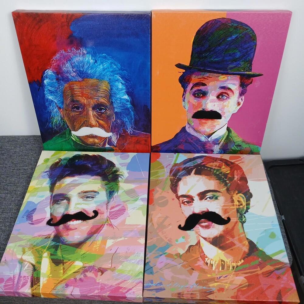Pop Art Canvas Wall Art Set of 4 Einstein Chaplin Frida Funny Mustache Decor